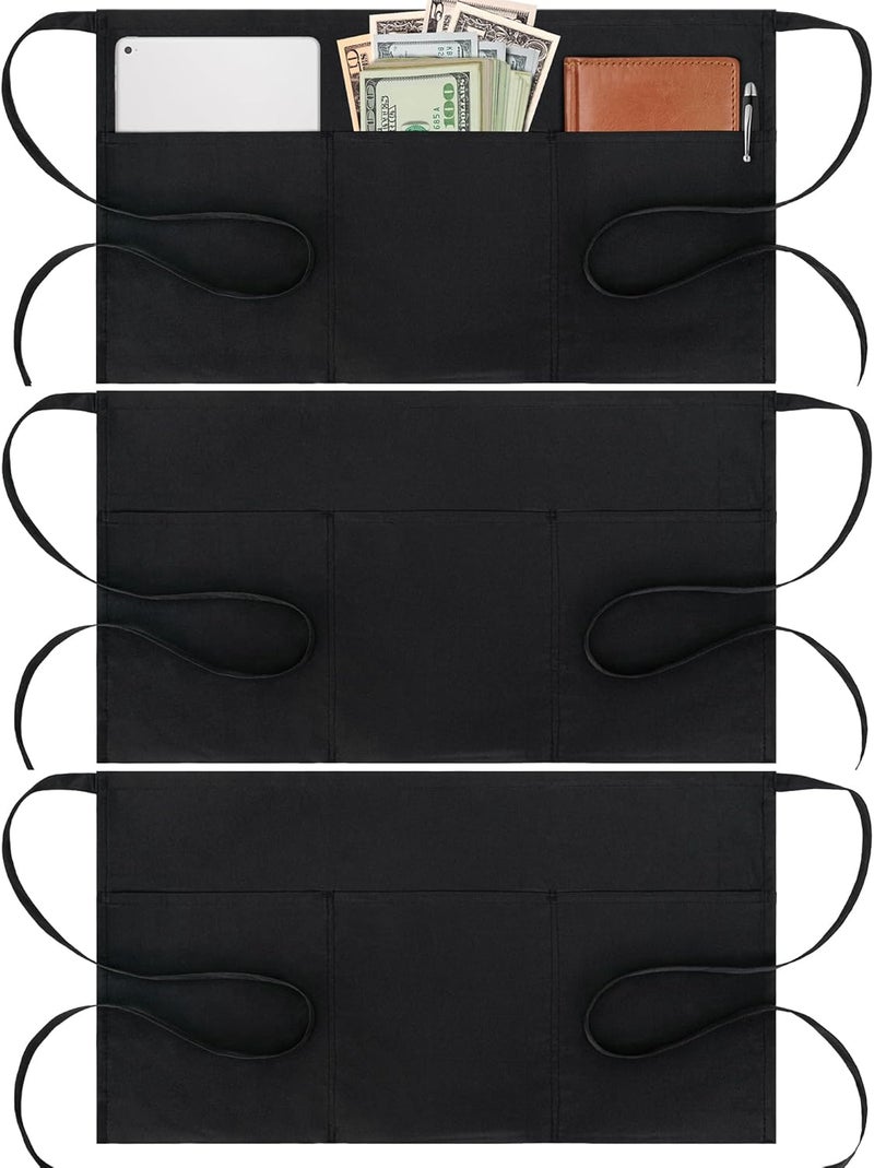 BOHARERS Waist Apron with 3 Pockets - Black Waitress Waiter Server Short Aprons - Image 1